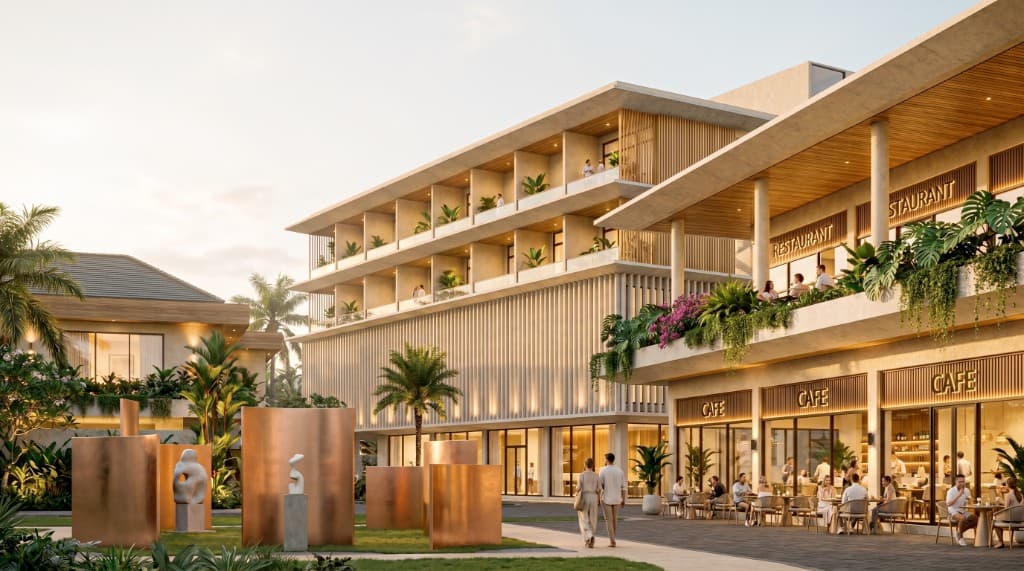 ZEN Melasti community plaza with cafes, restaurant terrace, and tropical landscaping