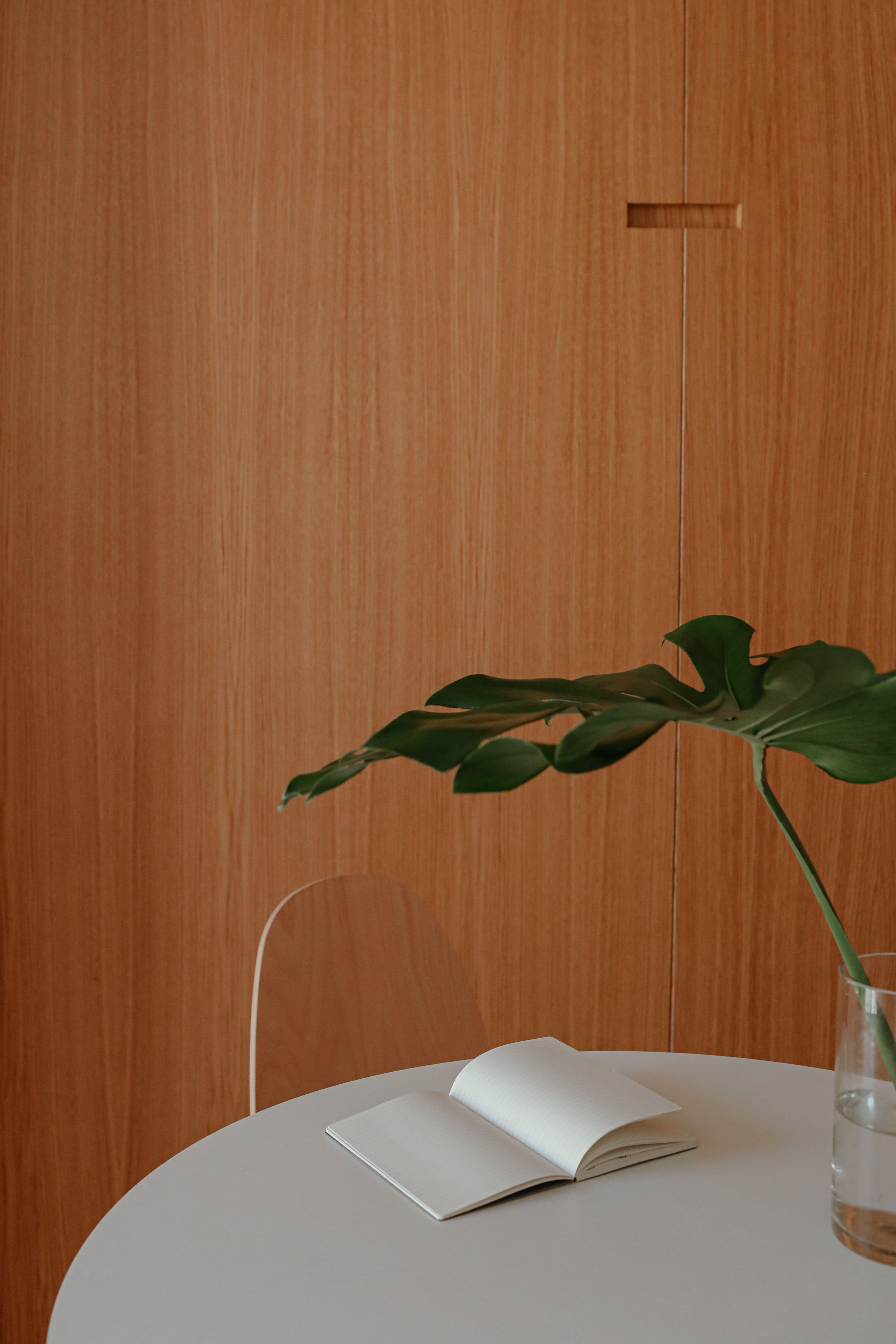 Open blank notebook on a white round table beside a green leaf and warm wooden panelling.